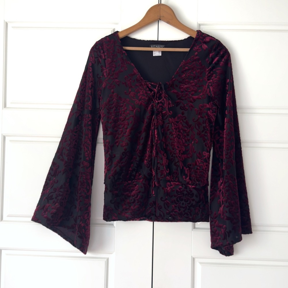 Venus Floral Burnout Velvet Top XS Red Renaissance Whimsigoth Witch Fairy Grunge